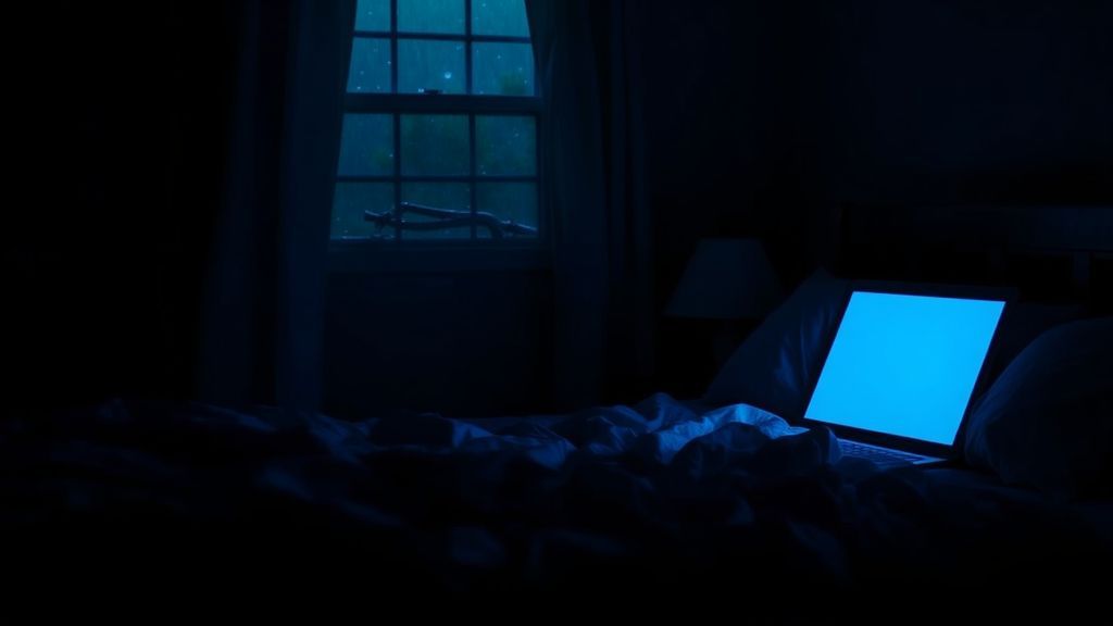 A dimly lit bedroom with laptop screen glowing at 3 AM