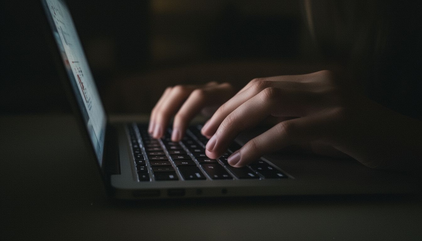 Hands typing on laptop keyboard in dark room with soft screen glow