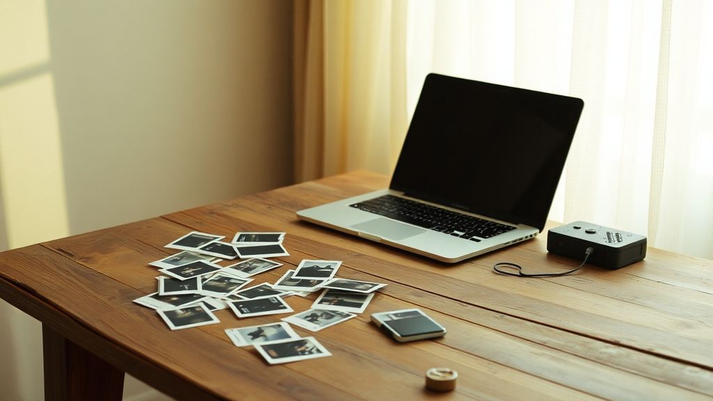 A weathered wooden desk with scattered old photographs and a modern laptop