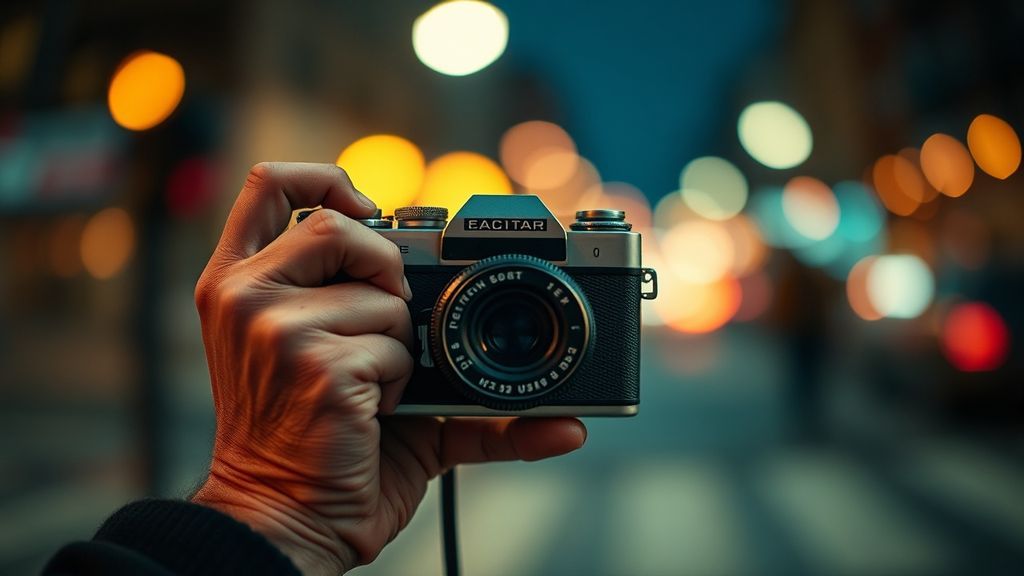 Hands holding a vintage film camera with blurred city lights in background