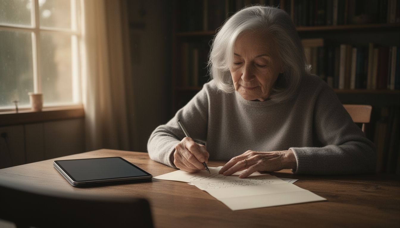 An elderly woman writing a letter by window light with modern tablet nearby