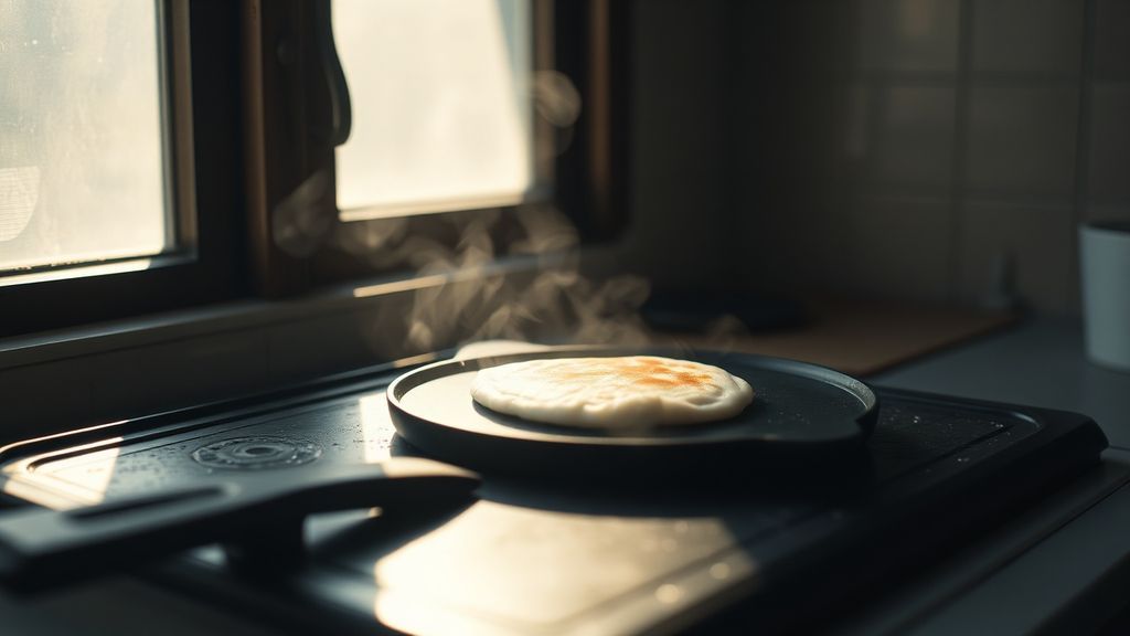 A single pancake burning on a cast iron griddle in morning light