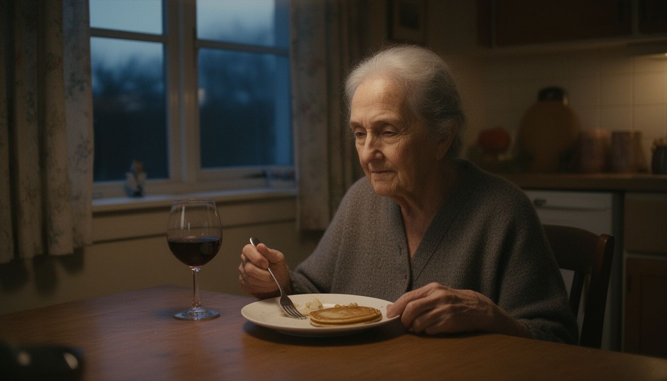 An elderly woman eating alone at a wooden kitchen table at dusk