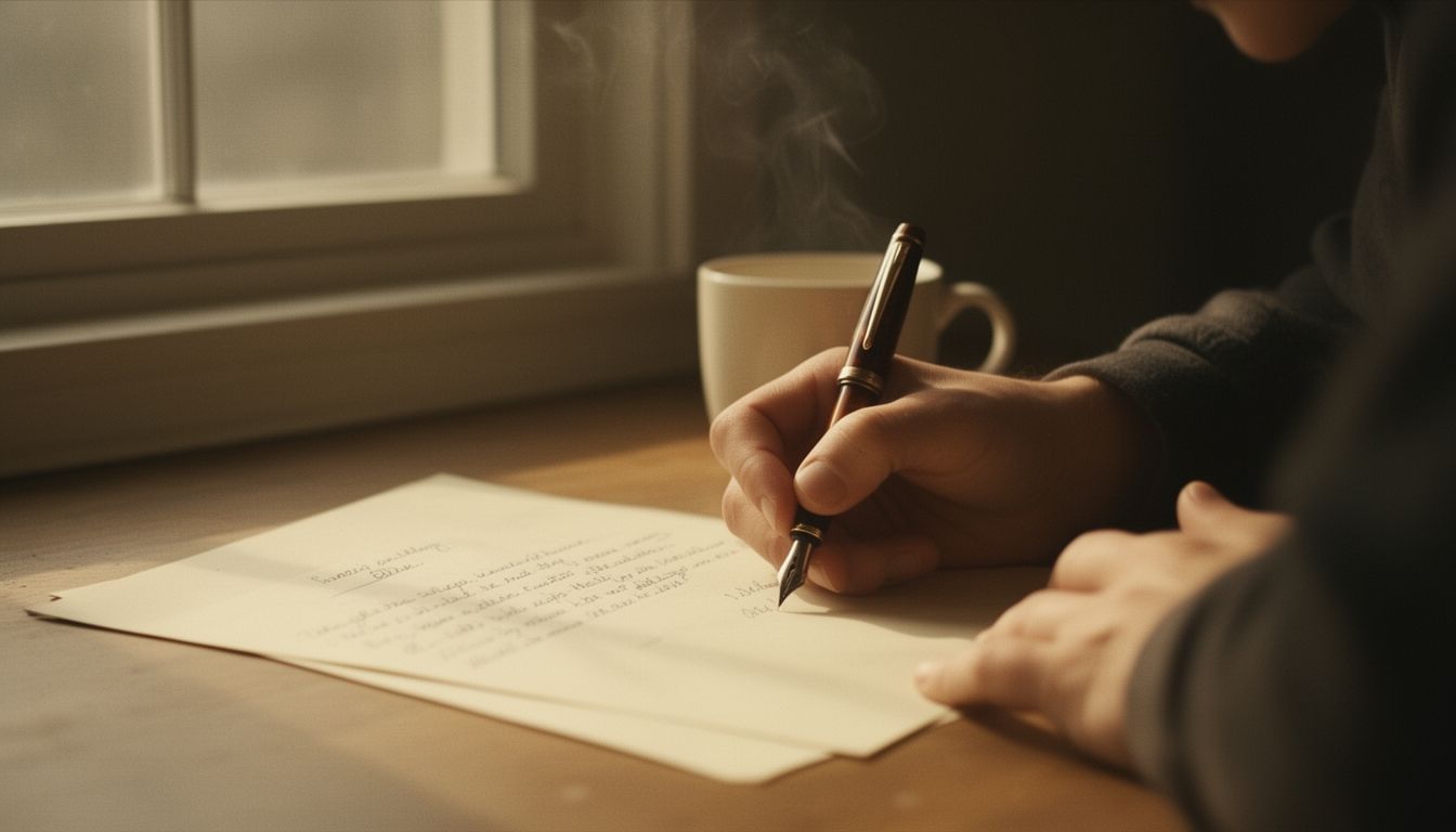 Hands writing a letter by window light with coffee cup nearby