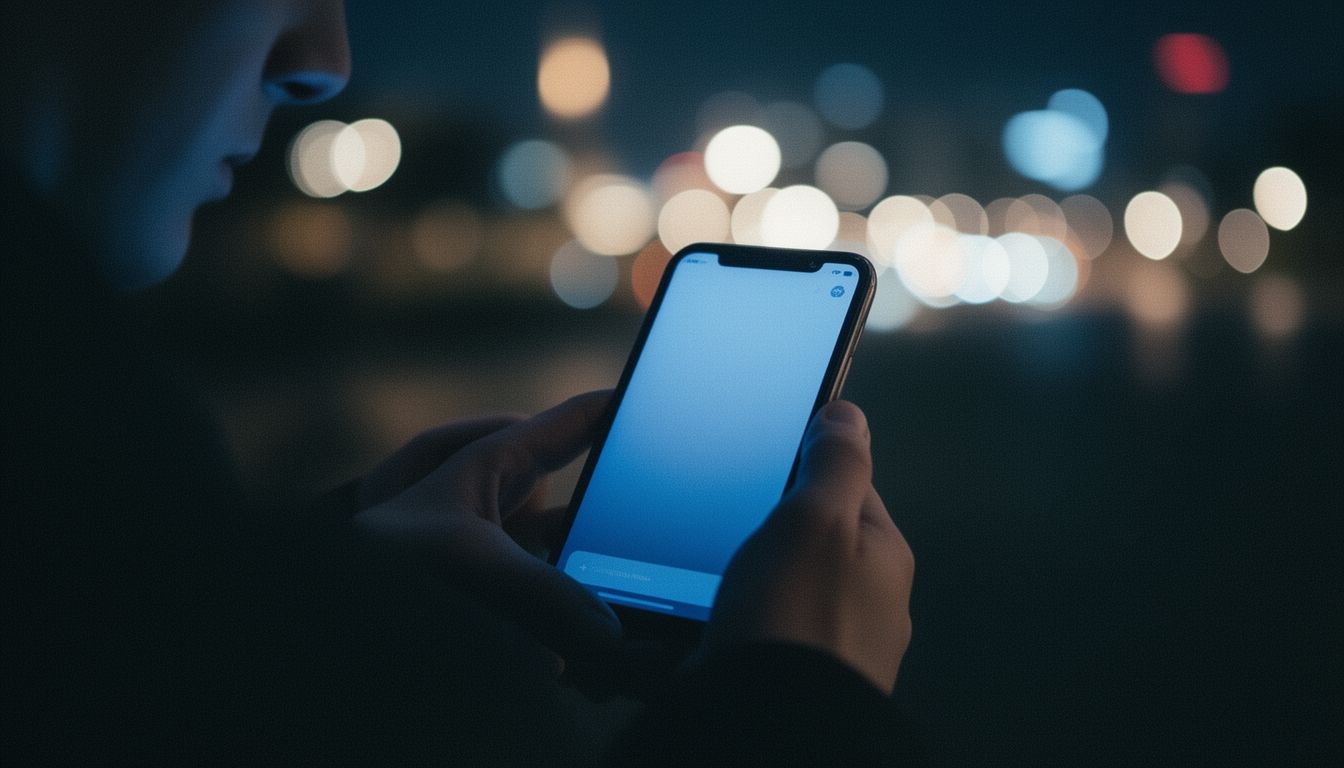 Hands holding smartphone with blurred city lights background