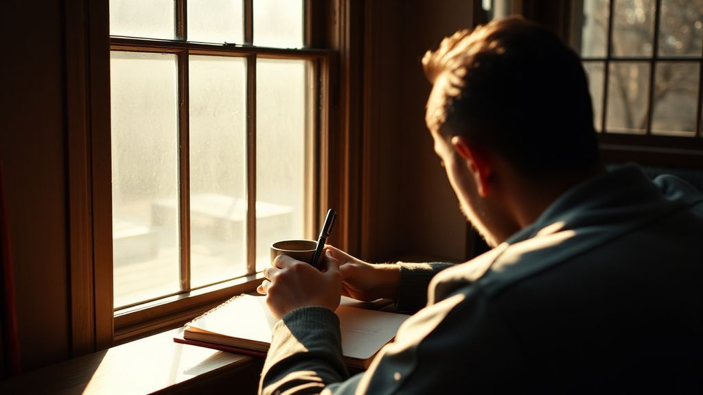 Person writing in journal by window with morning light