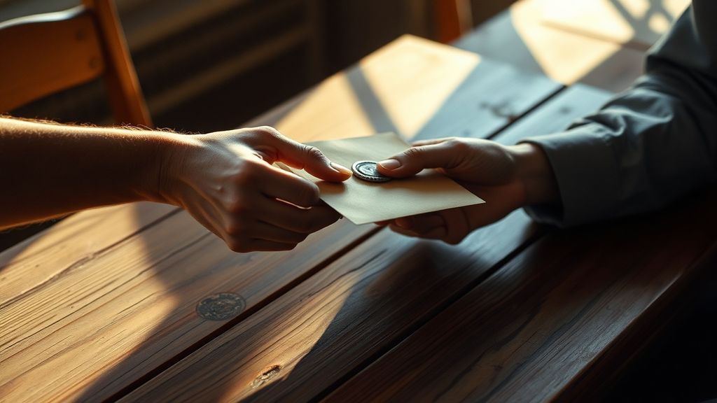 Two hands exchanging sealed envelope across wooden table