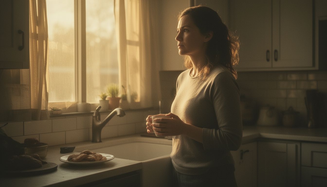 A woman standing at a kitchen window in late afternoon light