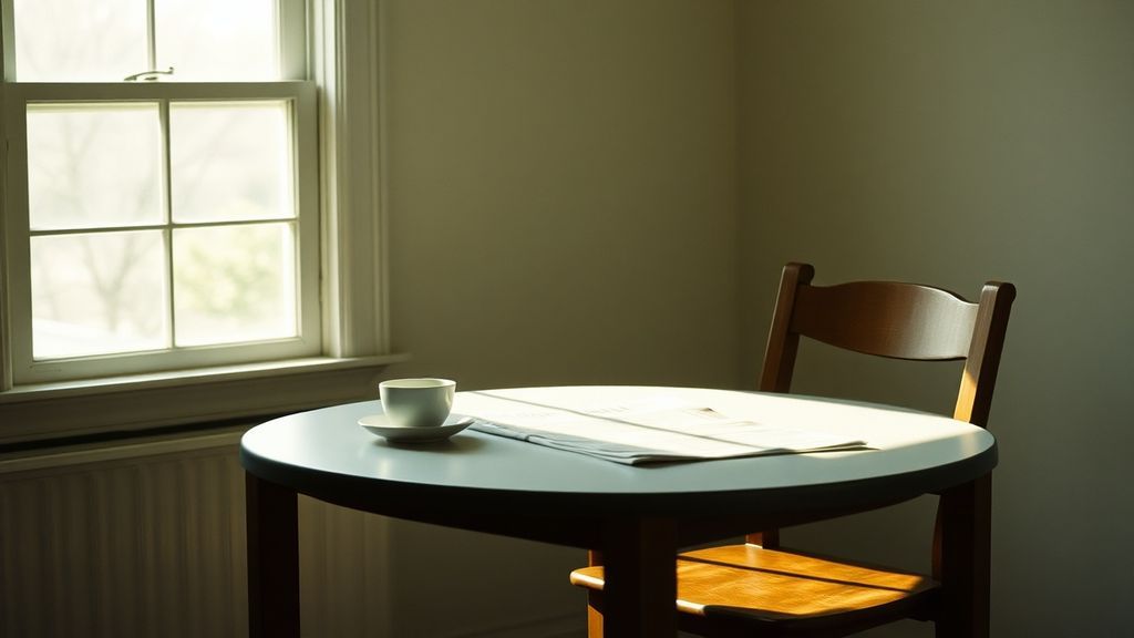 An empty chair at a dining table with morning light
