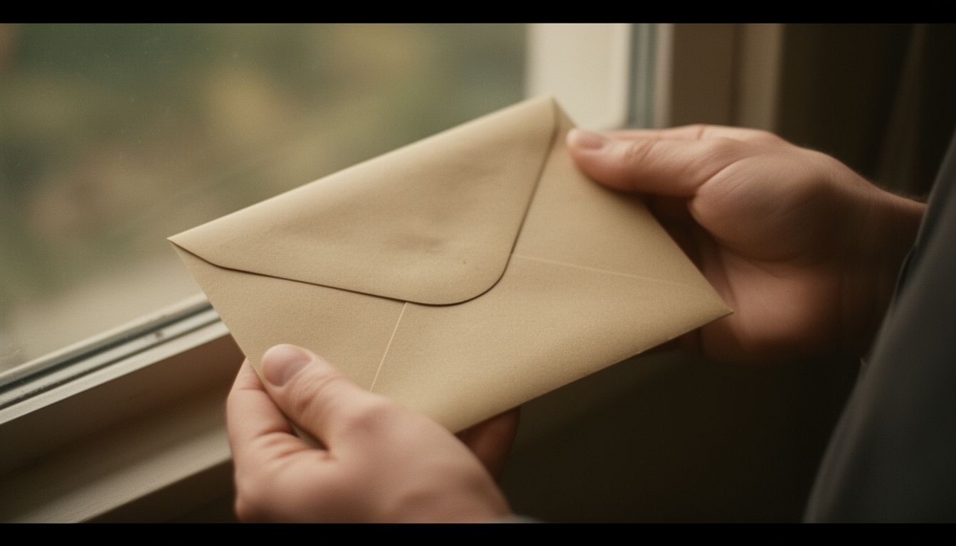 Hands holding a sealed envelope near a window