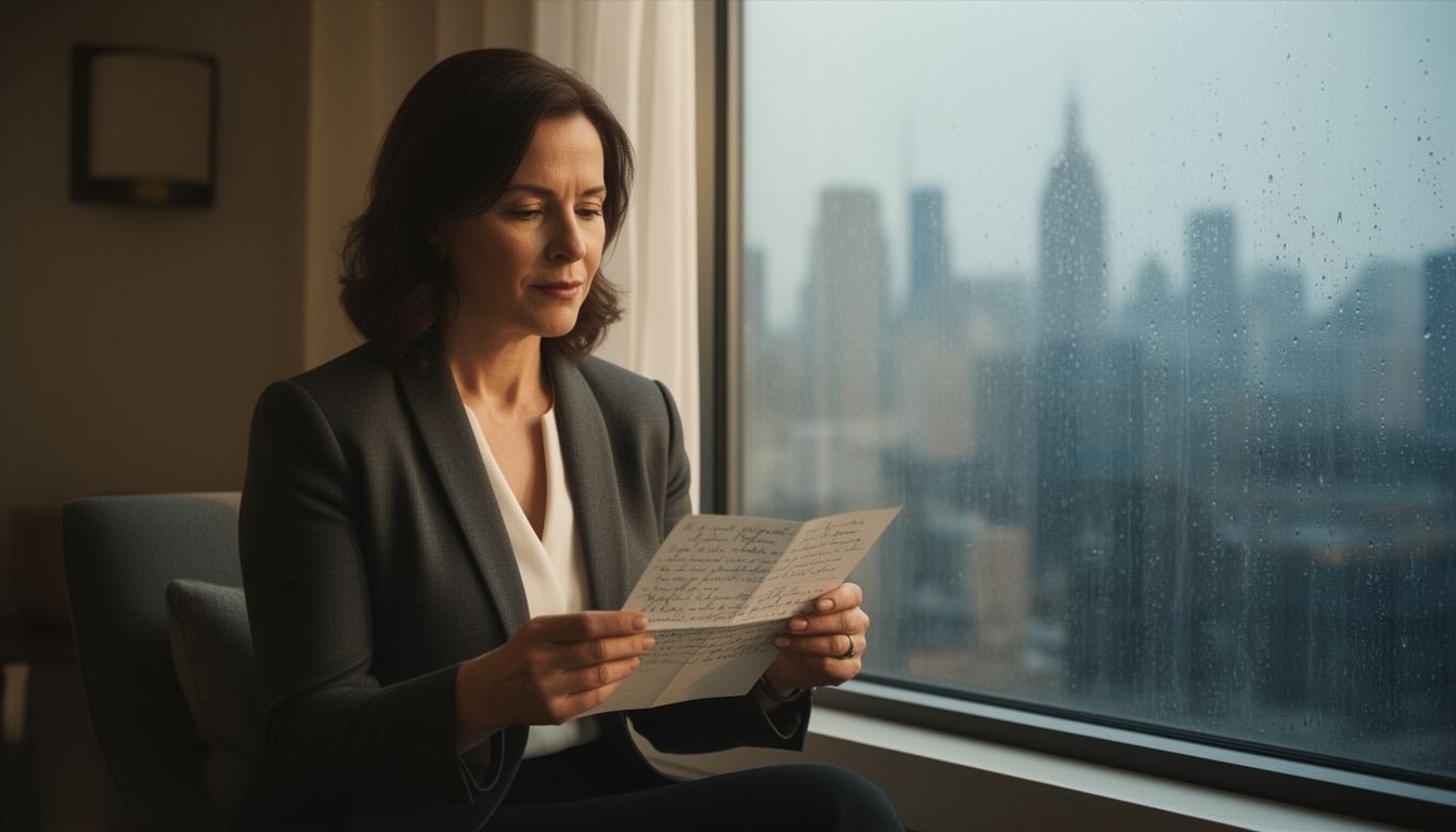 A person reading a letter by window light with city skyline visible