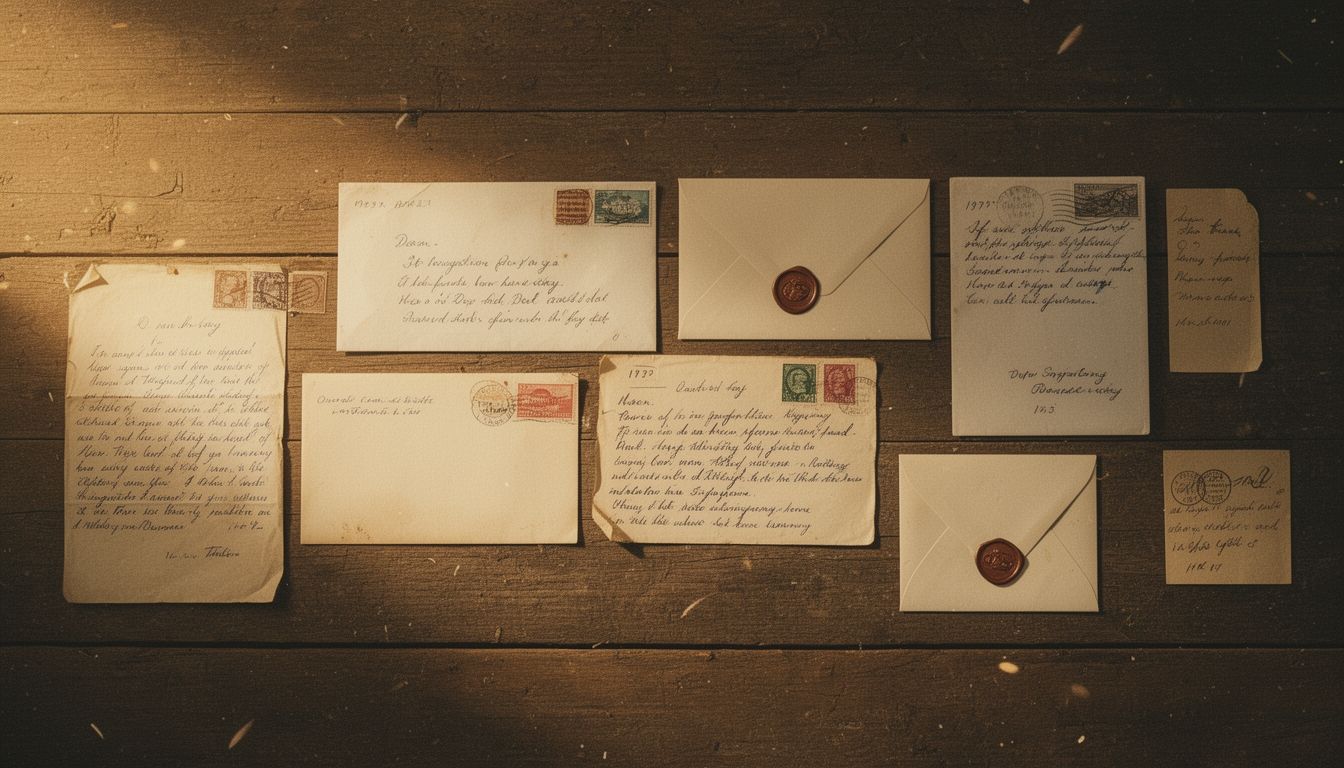 Aerial view of handwritten letters arranged in chronological sequence