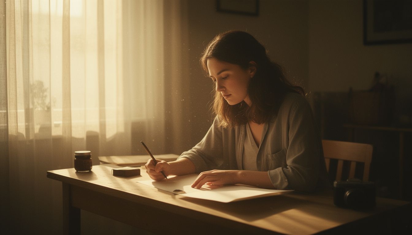 Woman writing at wooden desk with afternoon light streaming through window