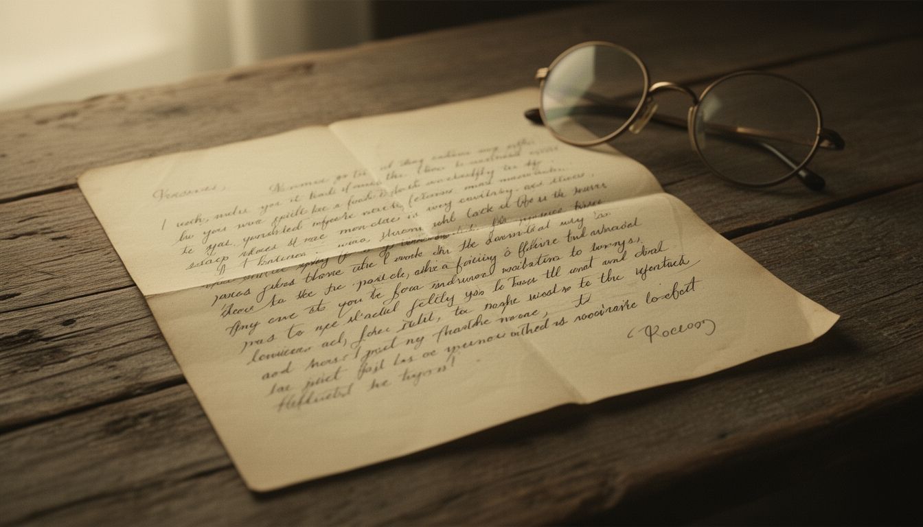 Open handwritten letter on wooden surface with reading glasses
