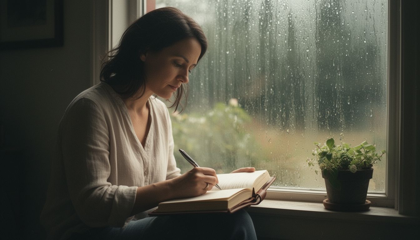 A woman writing in a leather journal by rain-streaked window