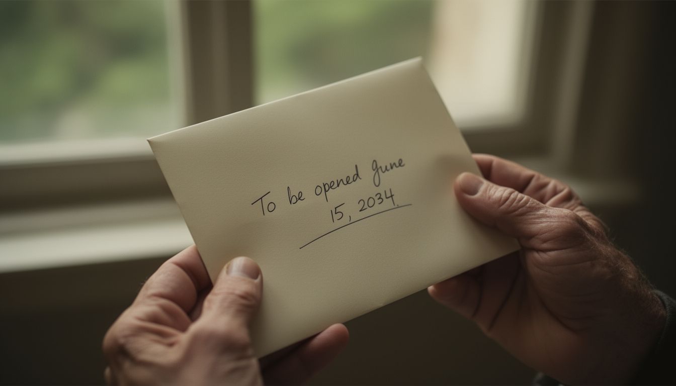 Hands holding sealed envelope addressed to future date