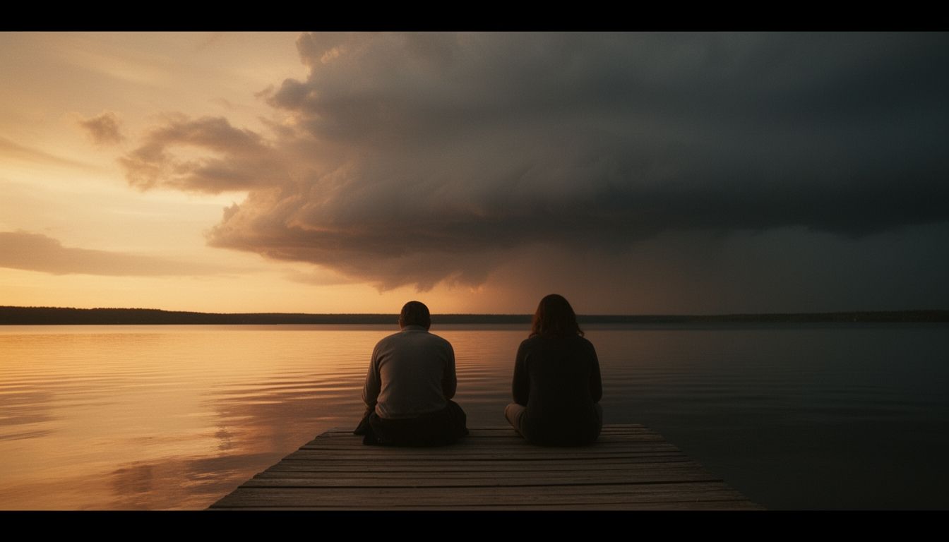 Two people sitting on dock at sunset with distant storm clouds