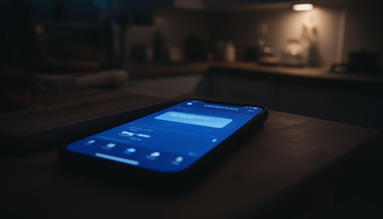 A smartphone screen glowing in a dark kitchen showing a music playlist notification