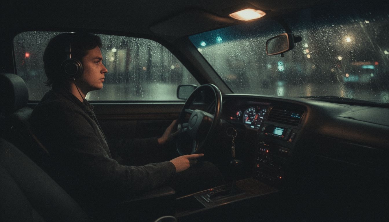 A person sitting alone in a car at night with rain on the windows listening to music