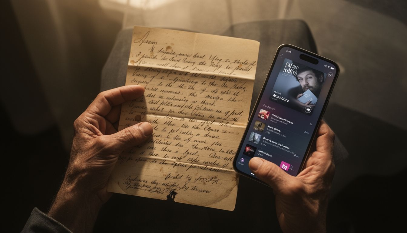 Hands holding a handwritten letter next to a smartphone displaying a music playlist