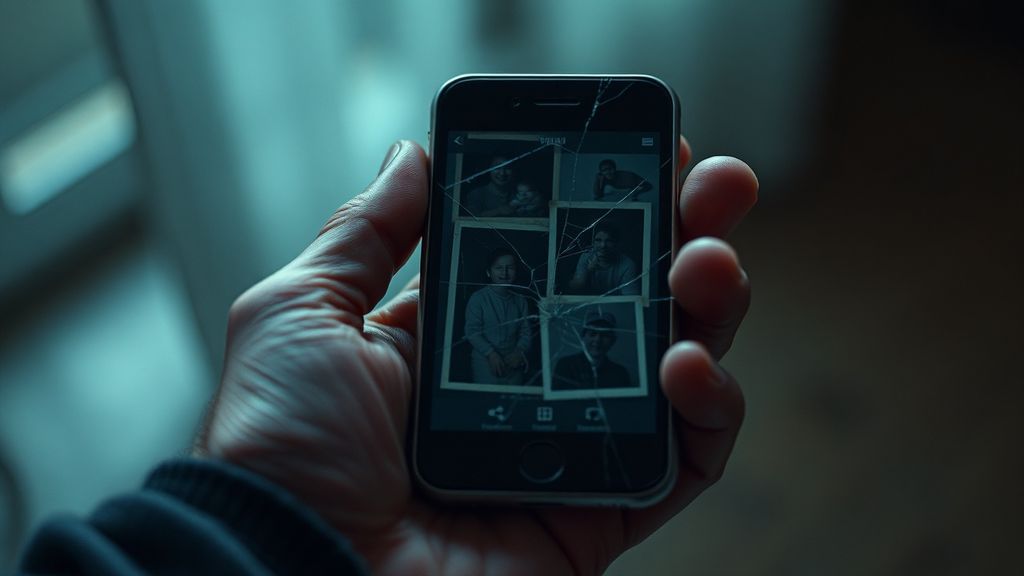 A person holding an old smartphone with a cracked screen displaying faded family photos