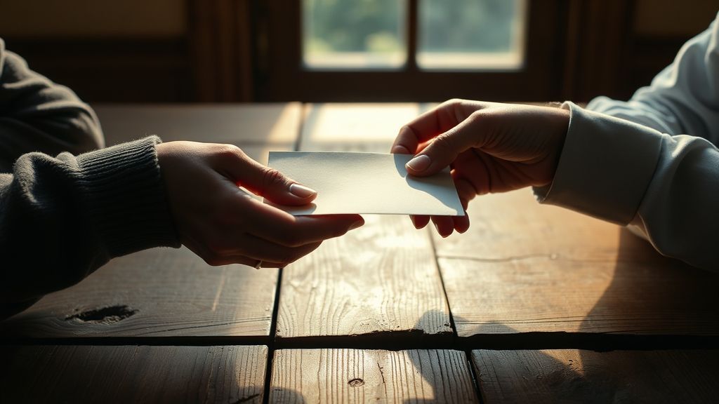 Two hands exchanging a sealed envelope across a wooden table, one young and one elderly