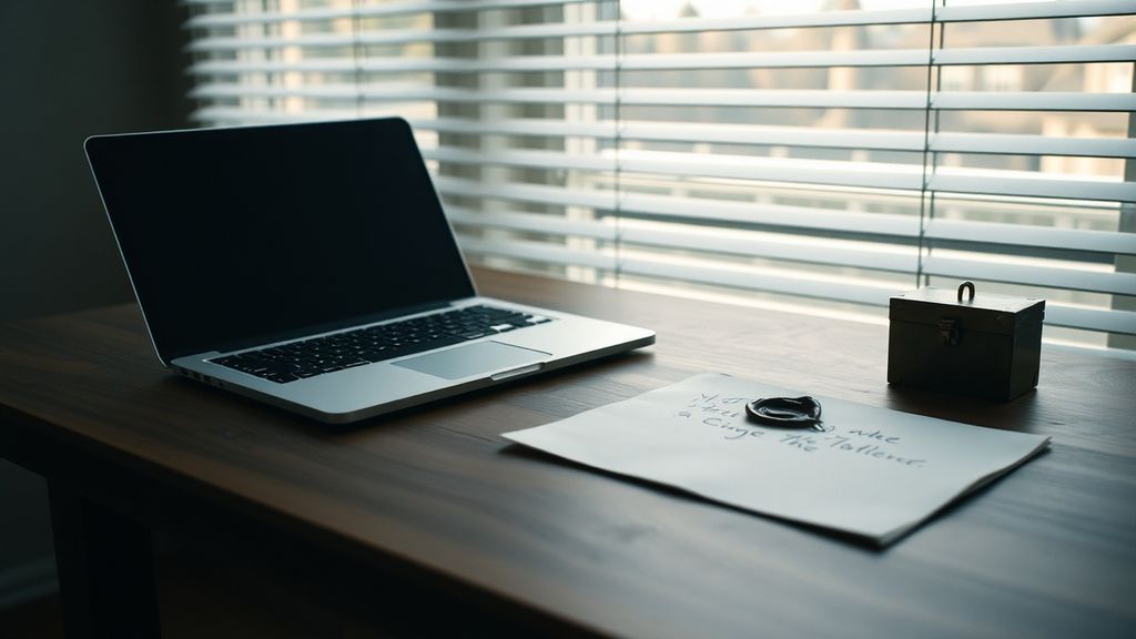 A minimalist desk with a laptop, a handwritten letter, and a small locked box
