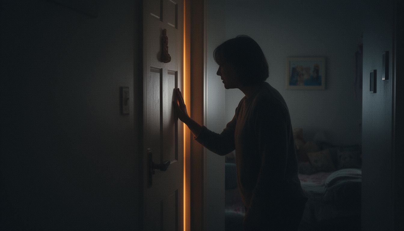 A parent standing in a dimly lit hallway outside a child's bedroom door
