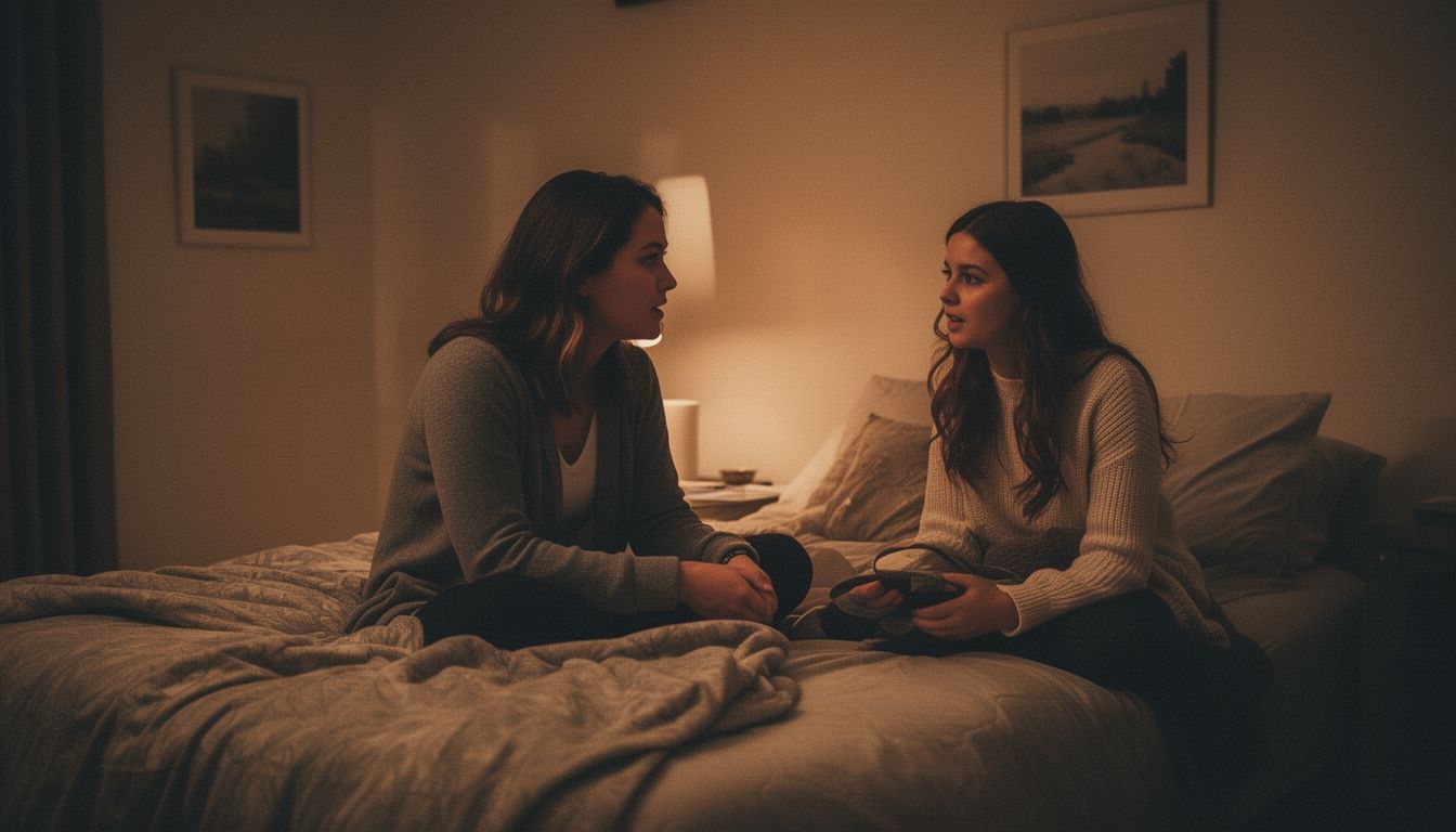 A mother and teenage daughter sitting together on a bed having a quiet conversation at night