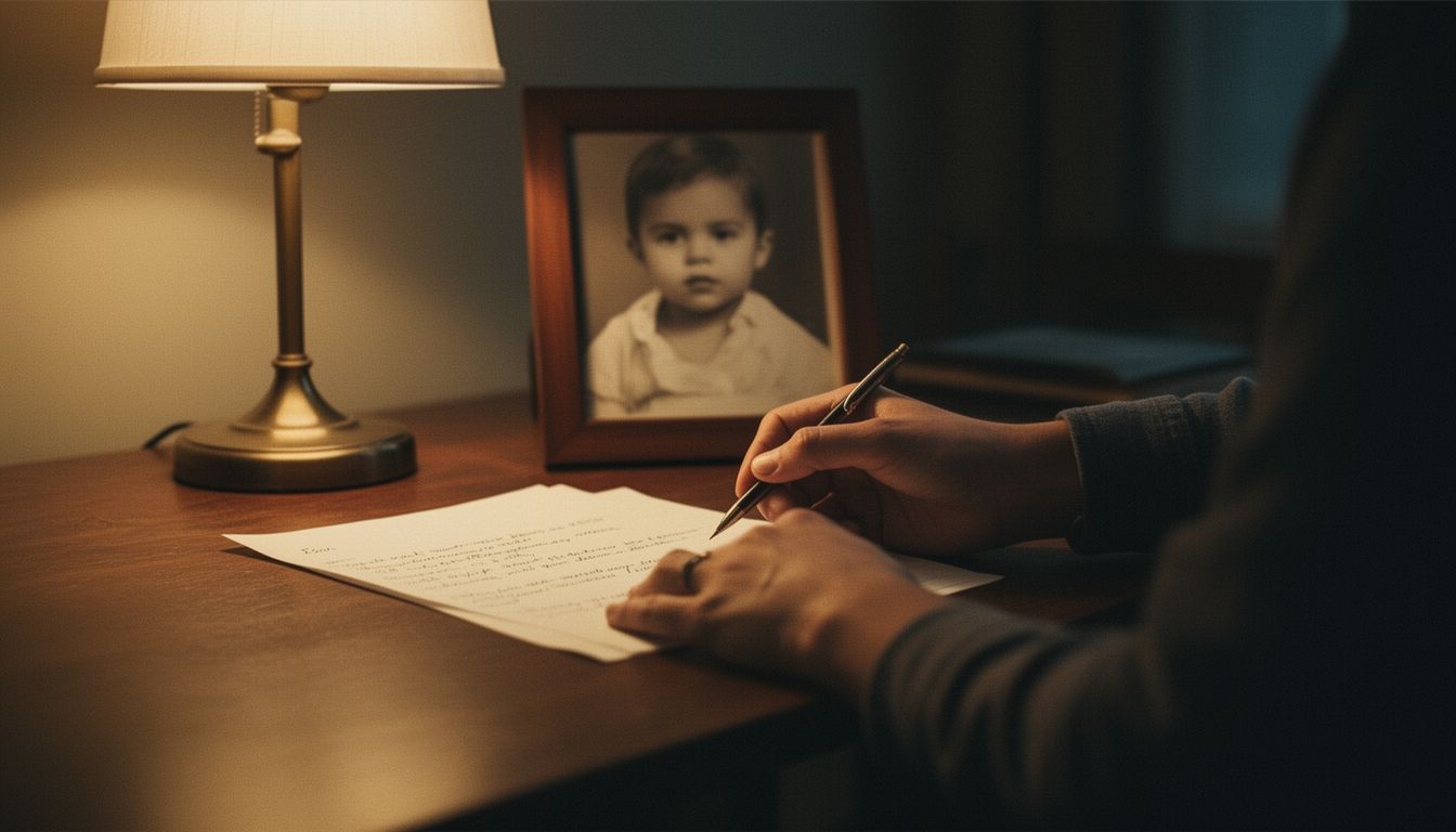 Hands writing a letter by warm lamplight with a photograph of a child visible nearby
