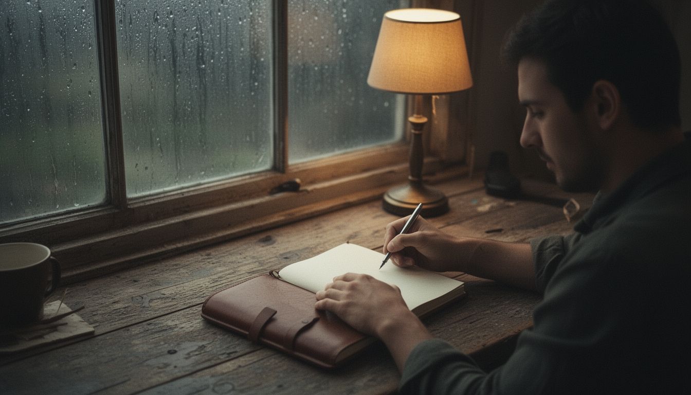 A person writing by hand at a wooden desk near rain-streaked window