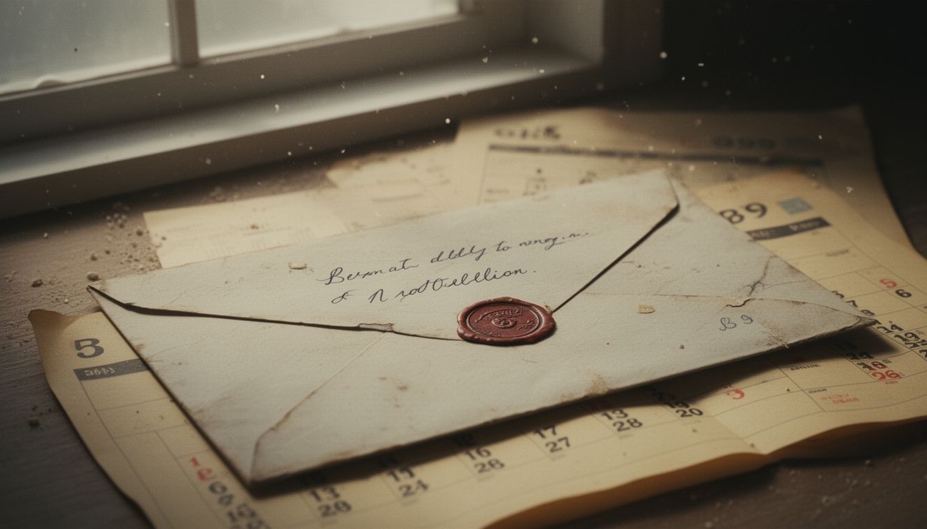 A sealed envelope with handwritten address resting on vintage calendar pages