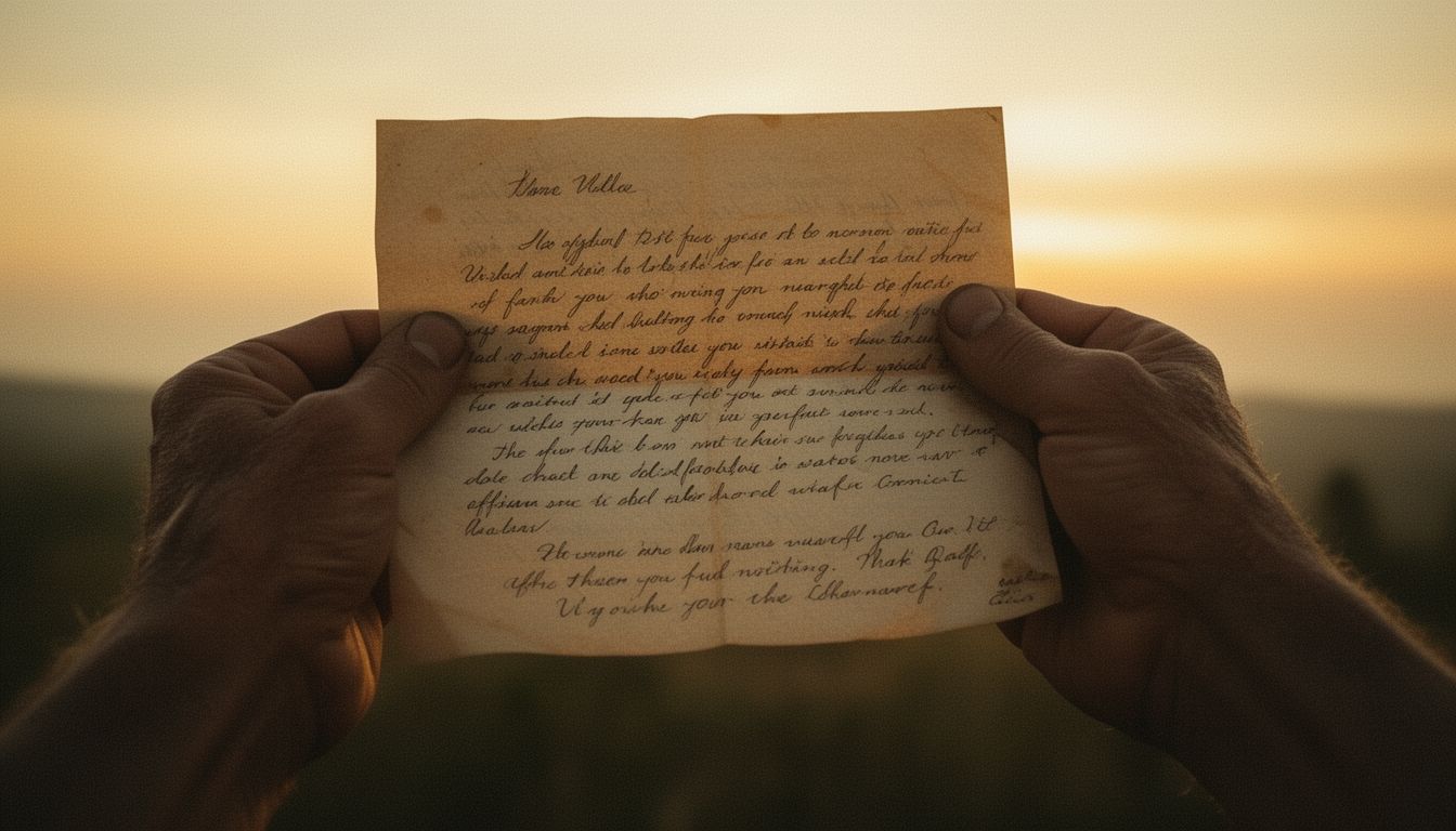 Hands holding aged letter with visible handwriting against sunset sky
