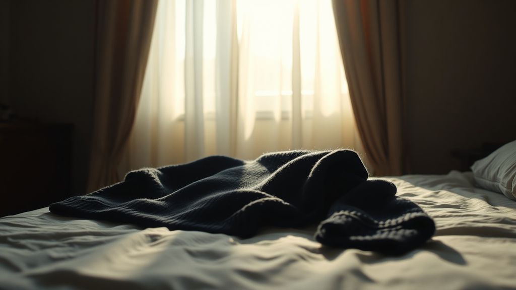 A worn navy sweater draped over an unmade bed in morning light