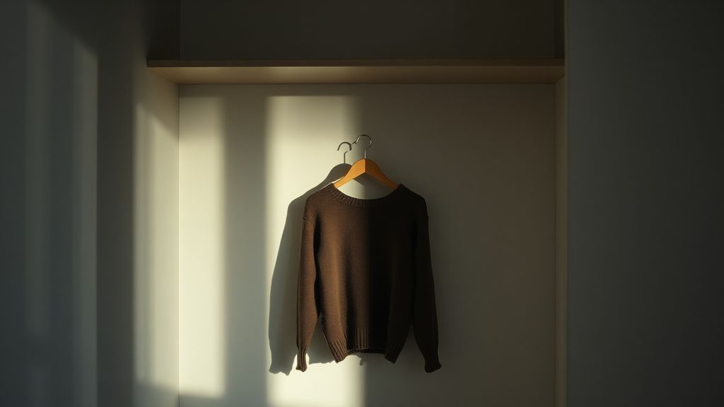 Empty closet with single sweater hanging, dramatic side lighting
