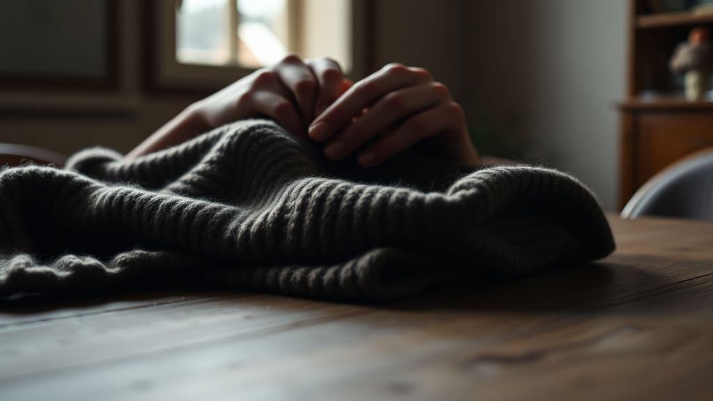 Hands folding a sweater at a wooden table, soft natural window light