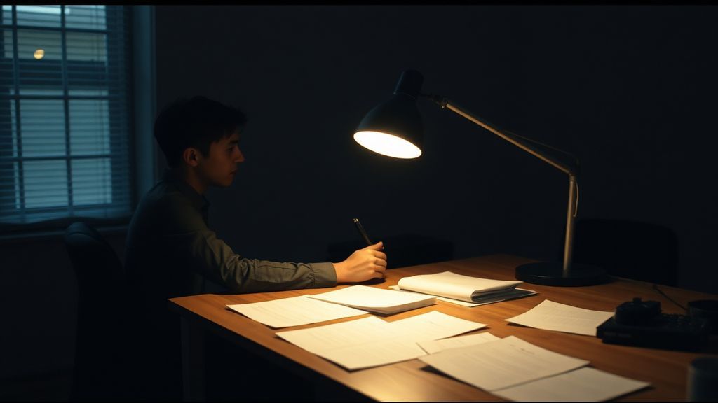 A person sitting alone at a desk late at night, soft lamplight illuminating scattered papers
