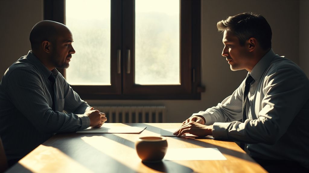 Two professionals having a serious conversation across a small table in natural window light