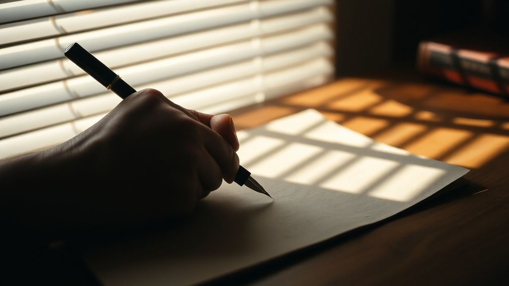A hand writing on aged paper with a fountain pen, morning light streaming through blinds