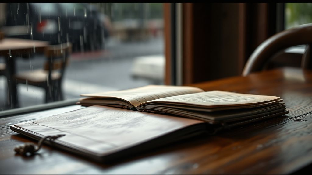 A weathered notebook open on a café table with rain visible through window