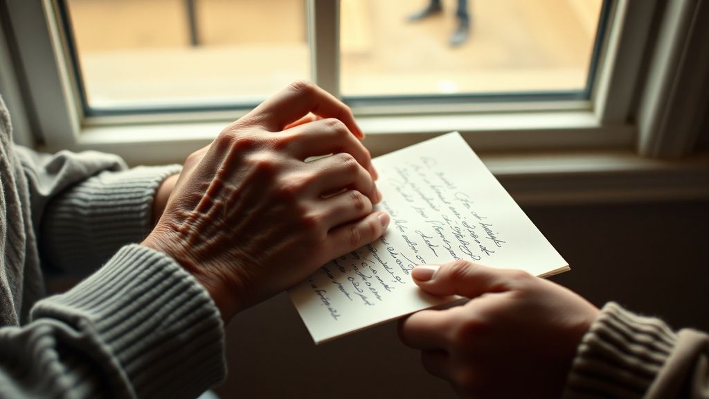 Hands of different generations touching a handwritten letter