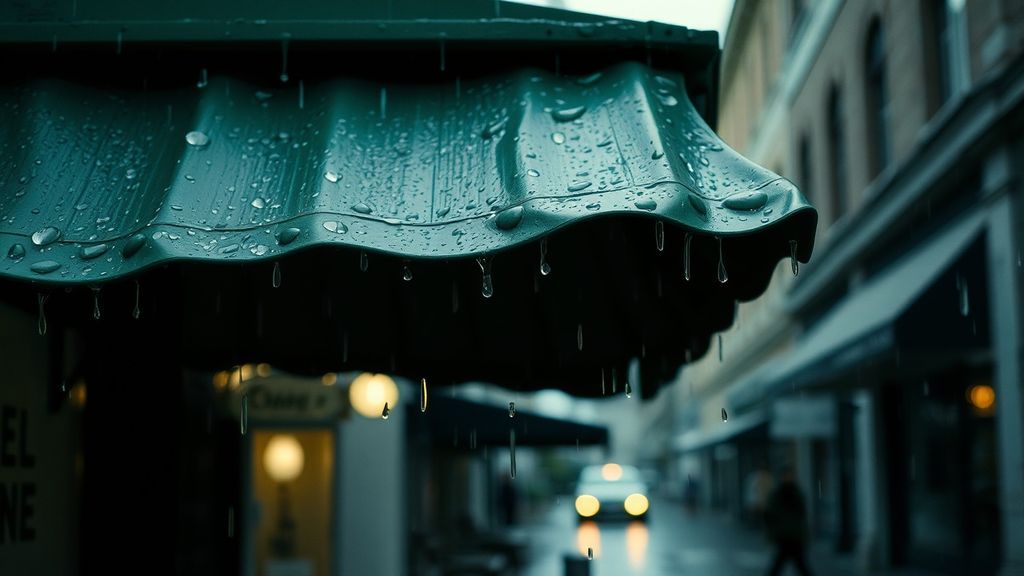 Rain falling on a green metal café awning