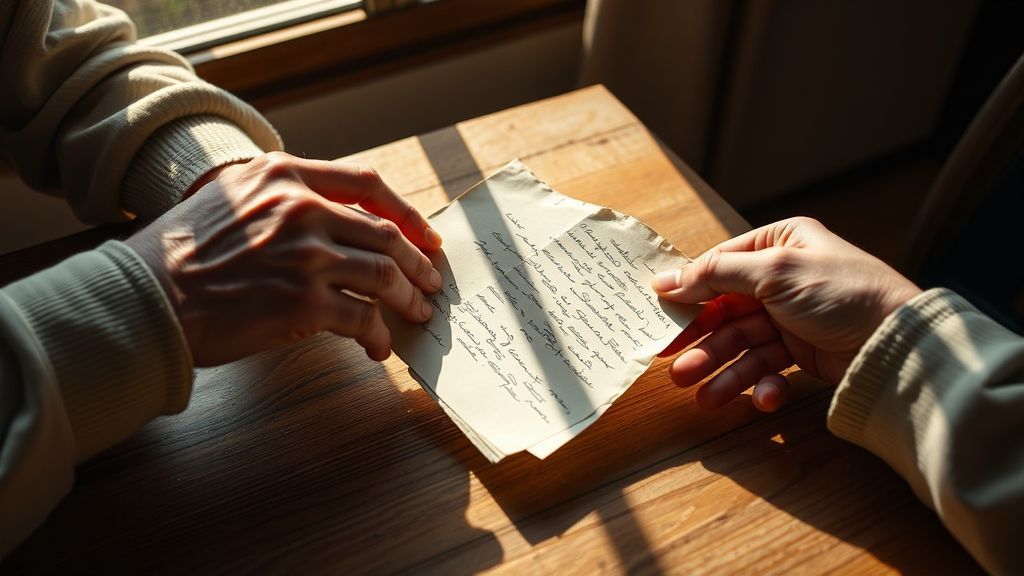 Two hands exchanging a physical handwritten letter across a table