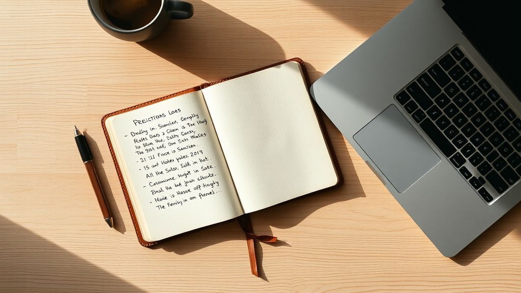 An open notebook with handwritten predictions and dates, next to a closed laptop