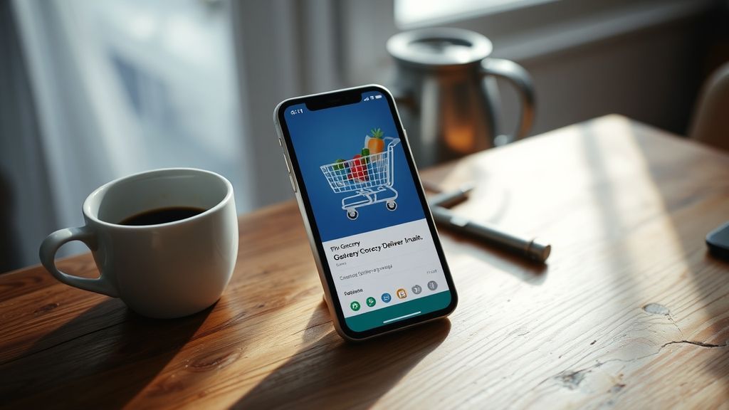A smartphone displaying a grocery app with a full cart, sitting on a kitchen counter next to an empty coffee cup