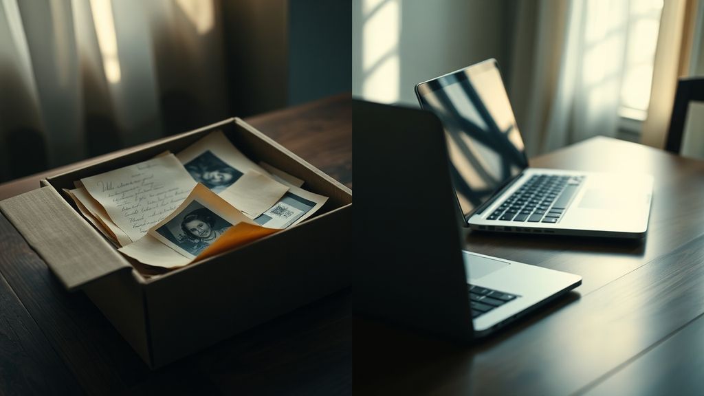 A weathered cardboard box filled with old photographs and letters sitting next to a modern laptop