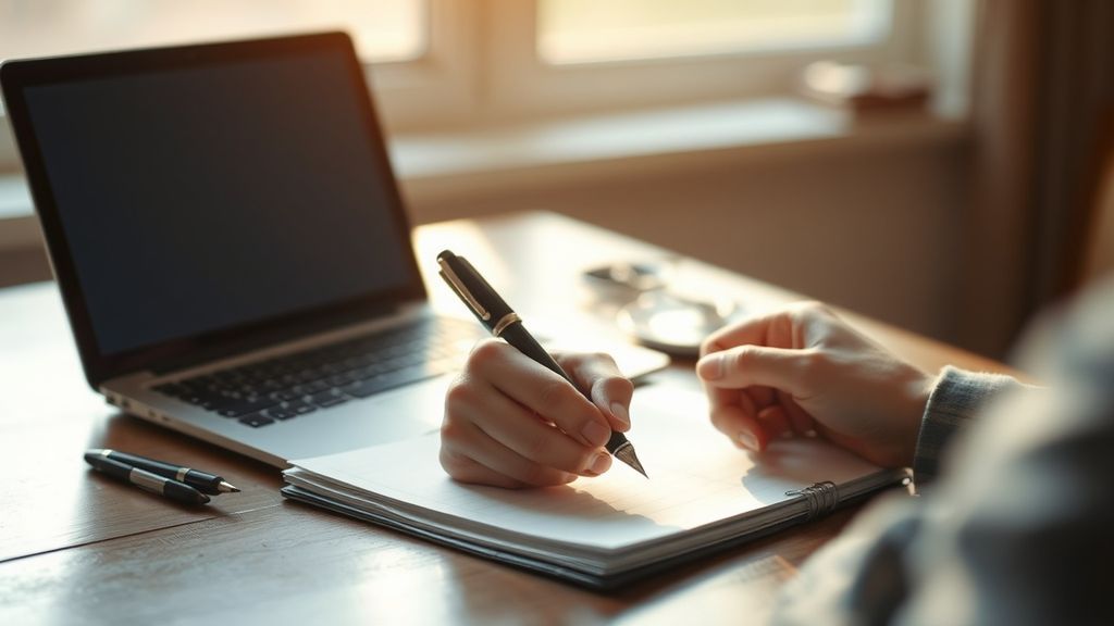 Hands writing a letter by window light, with a laptop closed nearby