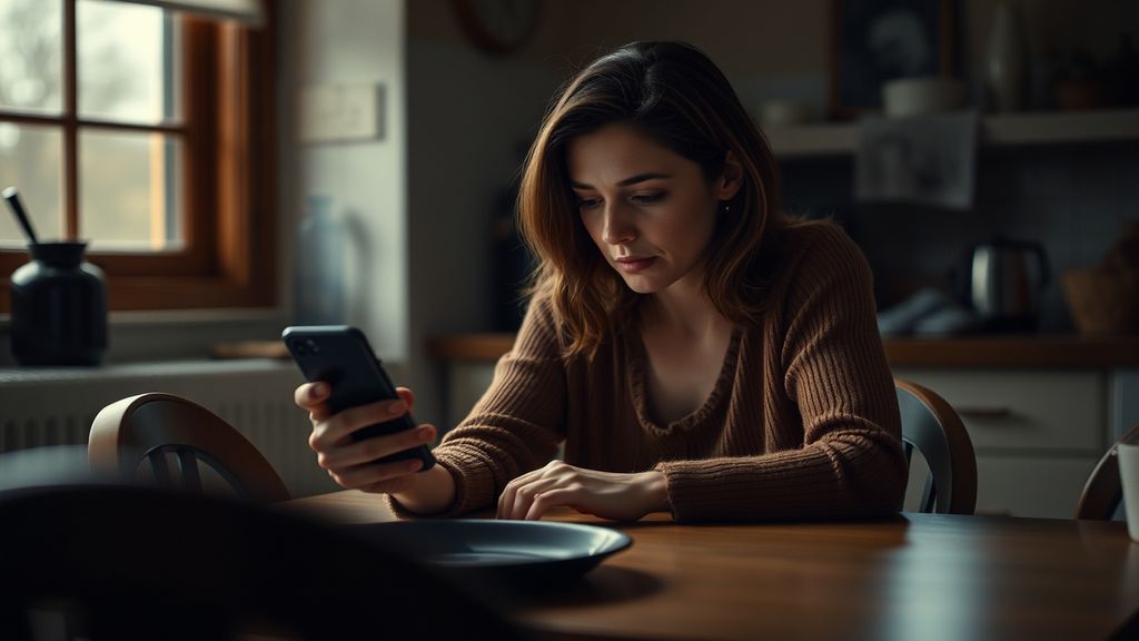 A woman reviewing photos on her phone with concern