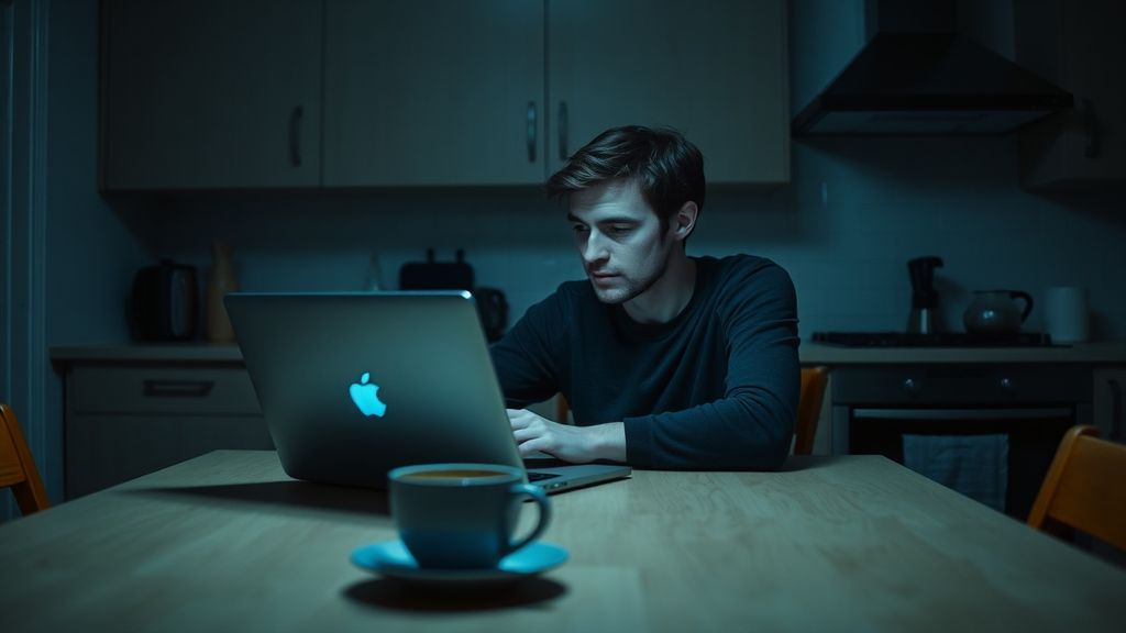 A parent sitting alone at a kitchen table late at night with laptop glow illuminating their face