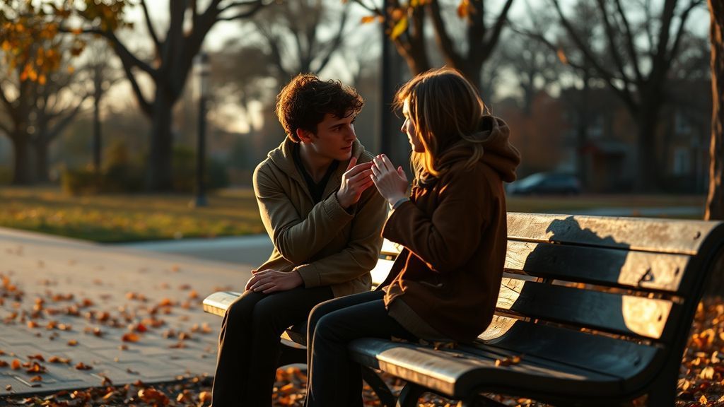 A young adult child and their parent having a serious conversation on a park bench with autumn leaves